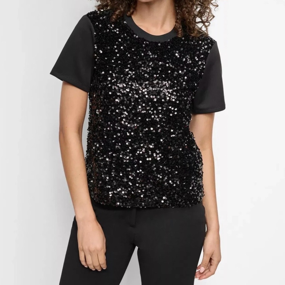 NWT DKNY Black Sequin Short Sleeve Top